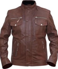 Men’s Brown Leather Field Jacket with Multi-Pocket Design