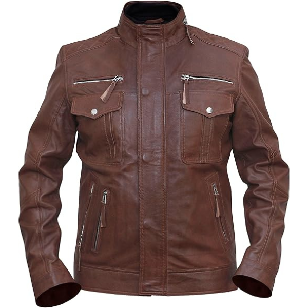 Men’s Brown Leather Field Jacket with Multi-Pocket Design