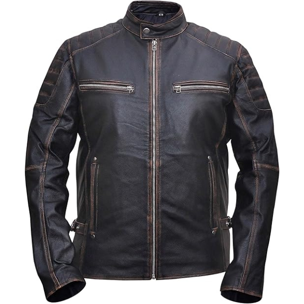 Men’s Vintage Black Leather Motorcycle Jacket with Distressed Finish