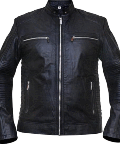 Men's Black Leather Biker Jacket with Quilted Detailing