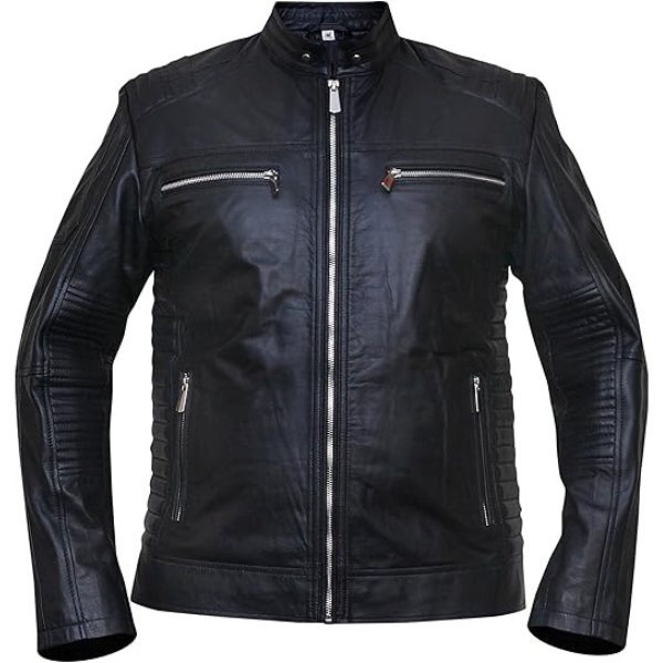 Men's Black Leather Biker Jacket with Quilted Detailing