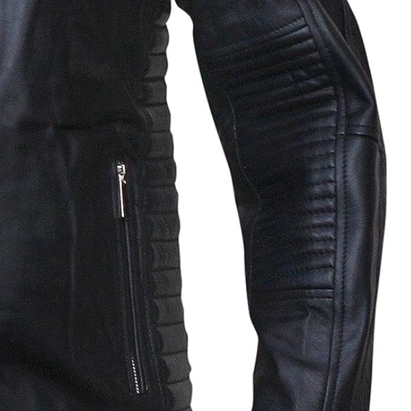 Men's Black Leather Biker Jacket with Quilted Detailing - Image 3