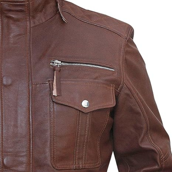 Men’s Brown Leather Field Jacket with Multi-Pocket Design - Image 3