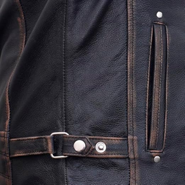 Men’s Vintage Black Leather Motorcycle Jacket with Distressed Finish - Image 4
