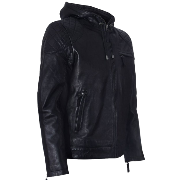 Men’s Black Leather Hoodie Jacket with Quilted Shoulder Design - Image 3